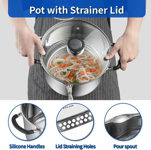 Miniatura 2 de SLOTTET Olla de Caldo de Acero Inoxidable de 6 Cuartos con Tapa de Vidrio con Colador, Olla de Sopa de 6 Qt Multiusos con Pico Vertedor, Mango