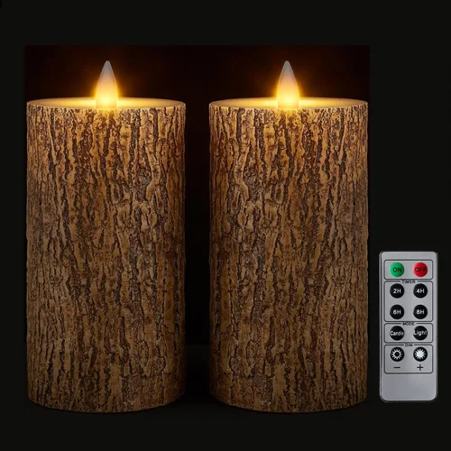 Velas de pilar sin llama de cera de corteza marrón con temporizador remoto, velas LED de llama móvil 3D de hasta 400 horas con 2 pilas AA, juego de