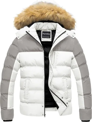 Pursky Chaqueta de plumón impermeable para hombre, abrigos de invierno con capucha de piel para esquiar, parka con capucha de piel