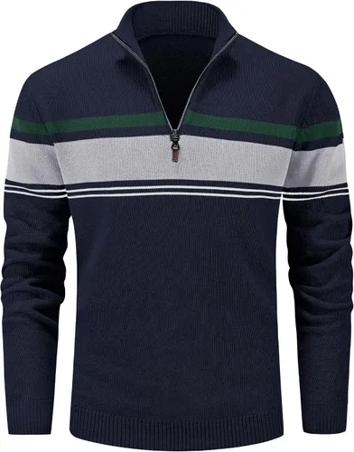 Miniatura 25 de MAGCOMSEN Suéteres de algodón con cremallera de 1/4 para hombre, suéter tipo polo, a rayas, para otoño e invierno, sudaderas cálidas