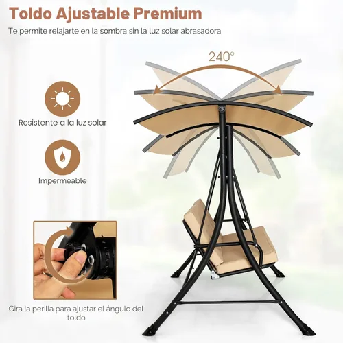 Miniatura 6 de Tangkula Columpio de porche para 2 personas, columpio al aire libre con cojines extraíbles, estructura de metal sólido, columpio de patio con toldo