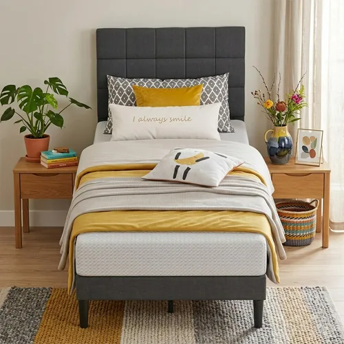 Miniatura 13 de PayLessHere Base de cama tapizada de plataforma completa con cabecera de tela y soporte de listones de madera, totalmente tapizado, no necesita Gris