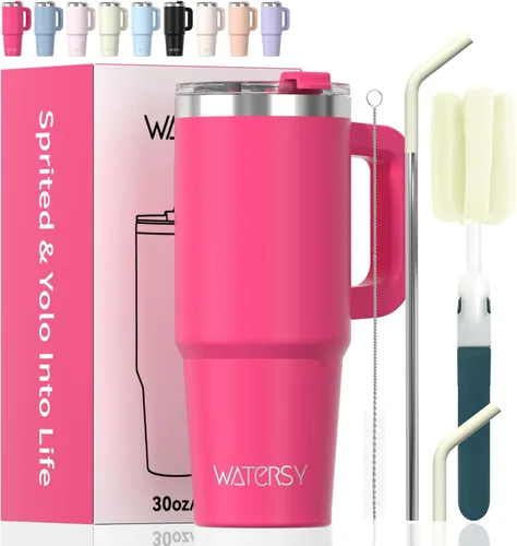 Miniatura 32 de Vaso de 20 oz con asa, vaso con tapa y pajita, vaso de doble pared con aislamiento de acero inoxidable para viajes (frío durante 34 horas), botella
