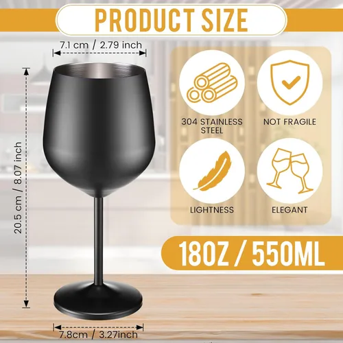 Miniatura 2 de Zopeal Juego de 2 copas de vino de acero inoxidable de 18 onzas, copas de vino irrompibles de metal para acampar al aire libre, viajes, picnic, Negro