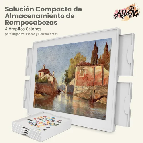 Miniatura 4 de ALL4JIG Tablero giratorio de plástico ligero con 1000 piezas con 4 cajones y cubierta, diseño Lazy Susan de 360°, mesa giratoria portátil de 30.20 x