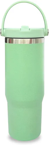 Miniatura 8 de Vaso de 30 onzas con asa superior, vaso aislado al vacío de doble pared con popote abatible, taza de café de viaje de 30 onzas con recubrimiento