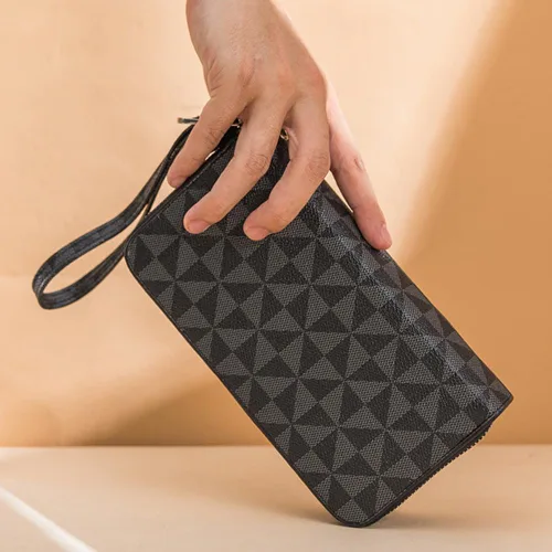 Miniatura 4 de Veki Billetera para mujer con doble cremallera y correa para la muñeca, monedero de cuero para tarjetas de crédito para mujeres y hombres, Negro A
