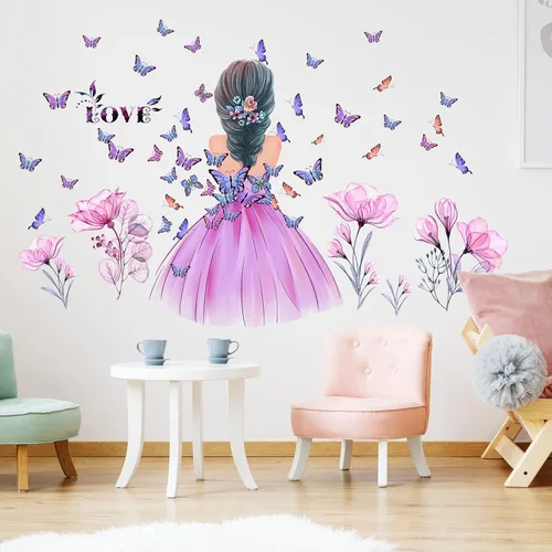 Miniatura 5 de Pegatinas de pared de mariposa para niña, calcomanía de pared de hada de flores, papel tapiz floral rosa, mariposas coloridas, bricolaje, arte
