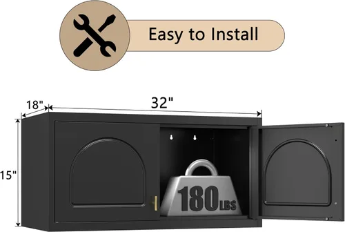 Miniatura 3 de Gabinete de Pared de Metal de 81 cm con 2 Puertas, Gabinetes Colgantes Negros con Manija, Gabinetes de Vestir de Metal, Armario Vestidor Clóset