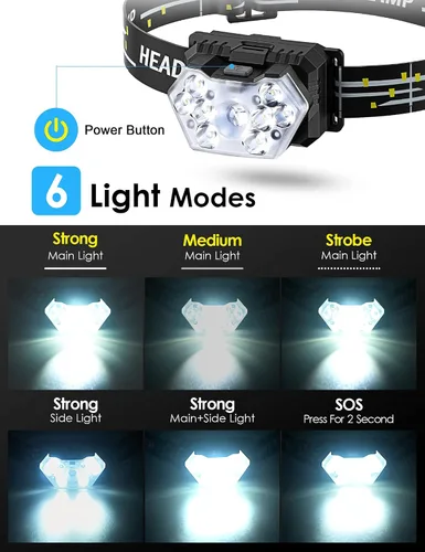 Miniatura 3 de Linterna frontal de 9 LED, 2000 lúmenes, lámpara de cabeza súper brillante con 6 modos, luz de cabeza impermeable IPX5, linterna de cabeza ligera