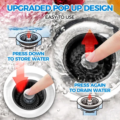 Miniatura 3 de zaa Colador de drenaje para fregadero, tapón 3 en 1 para fregadero de cocina, tapón de drenaje de cocina de acero inoxidable y cubierta con colador