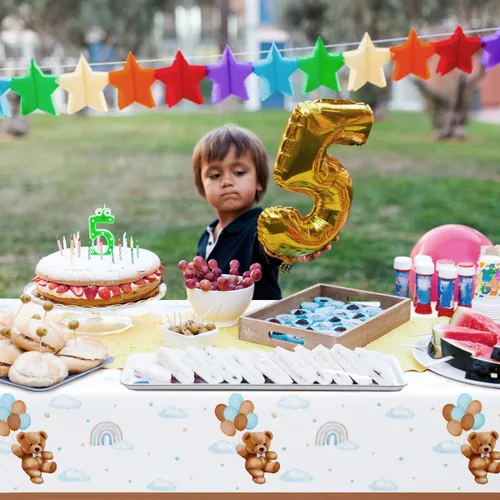 Miniatura 4 de Caisehabu 3 manteles de plástico para baby shower, con diseño de oso de peluche, estilo bohemio marrón y azul, suministros para decoración de fiesta