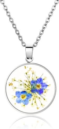 Miniatura 57 de Collar de flores silvestres prensadas con encaje de Forget-Me-Not y Queen Anne Collar de flores prensadas de oro Collares hechos a mano
