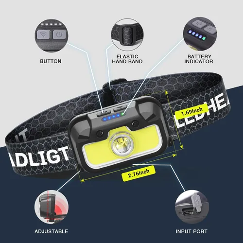 Miniatura 3 de Favorlite - Paquete de 2 faros recargables, 1300LM LED con luz roja y verde, 7 modos, ajuste de memoria, control de gestos, tipo C, resistente al