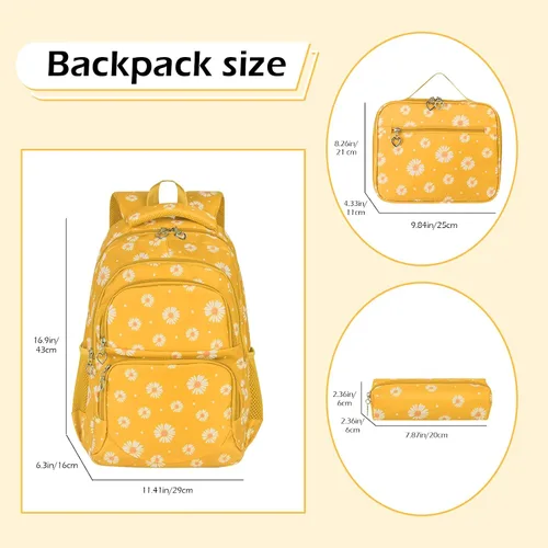 Miniatura 37 de goldwheat Mochilas impresas margaritas con paquete de almuerzo, estuche de lápices 3pcs, bolsa ligera resistente al agua para la escuela secundaria