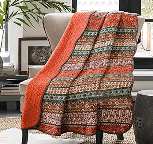 Cozyholy Colcha Boho Tamaño Full Queen 100% Algodón Manta Acolchada Colorida Bohemia a Rayas Cubrecama Colcha Reversible Ligera Puntada Vintage