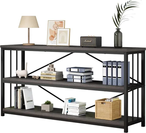 Miniatura 18 de IBF - Librero bajo rústico de 3 niveles, estantería industrial horizontal de madera, estantería larga y ancha de estilo granja de metal, estantería