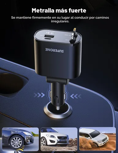 Miniatura 8 de SUPERONE - Cargador retráctil para automóvil 4 en 1, cargador de teléfono rápido para automóvil con cable de 2.6 pies, USB C y adaptador