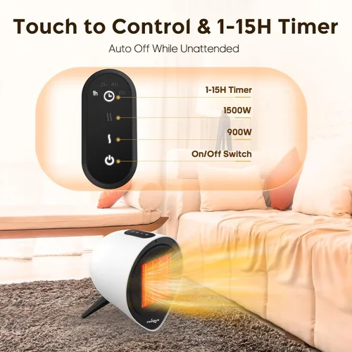 Miniatura 7 de Calentadores de cerámica pequeños para uso en interiores, calefacción eléctrica PTC de 1500 W con temporizador de 15 horas, protección contra