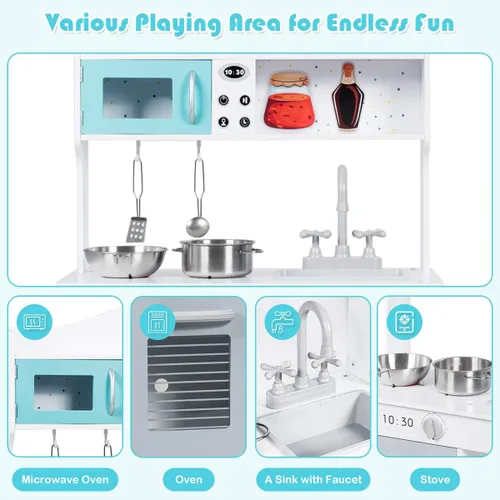 Miniatura 3 de Costzon Juego de cocina para niños, cocina de madera con fregadero, horno, microondas, estufa, ollas, utensilios, juego de cocina con estante, Blanco