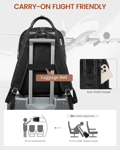 Miniatura 6 de LOVEVOOK Mochila vintage para computadora portátil de piel sintética de 15.6 pulgadas, negro, 25L, resistente al agua, puerto de carga USB