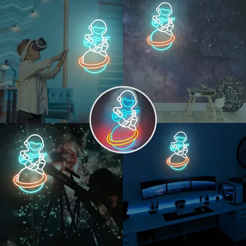 Miniatura 8 de Letrero de neón de astronauta, astronauta sentado en el planeta tocando guitarra, luz LED de neón, decoración de sala de juegos, decoración de museo