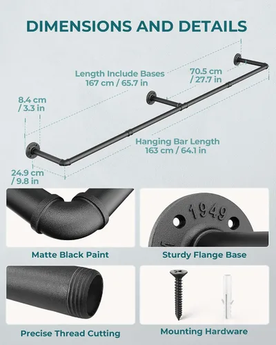 Miniatura 3 de OROPY Perchero de ropa, 166.9 cm de tubo industrial para colgar ropa, perchero de ropa montado en la pared, resistente y que ahorra espacio