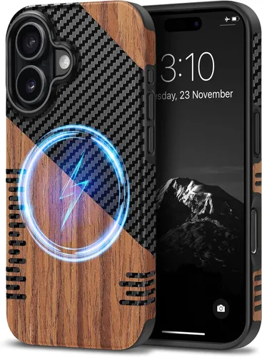 Miniatura 38 de TENDLIN Compatible con iPhone 17 Pro Max Funda de madera con textura de fibra de carbono Diseño de cuero híbrido delgado (negro)