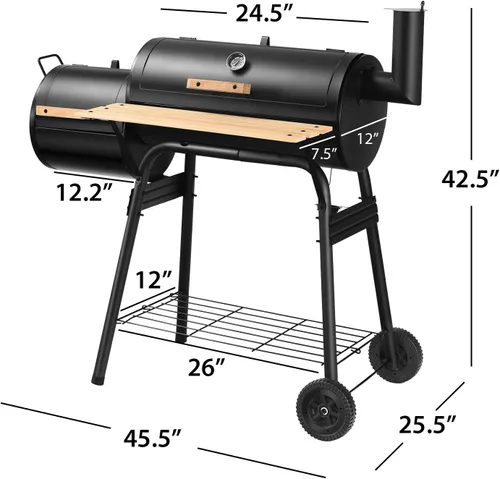 Miniatura 7 de Giantex Parrilla de carbón para barbacoa con ahumador desplazado, termómetro y amortiguador ajustable, ahumador para cocinar carne, ahumador