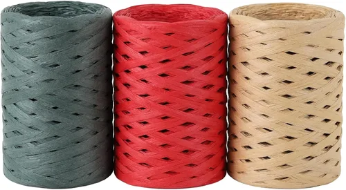 Cinta de papel de rafia de 984 pies para envolver regalos, cintas de papel retorcidas, papel de embalaje para Navidad (balsa + rojo + verde oscuro)