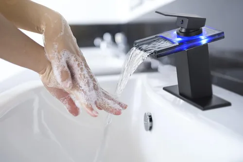 Miniatura 7 de Grifo de Lavabo LED para Baño - Grifo de Cascada de Orificio Único o de 4 Pulgadas de Centro en Negro Mate con Boquilla de Vidrio y Luces LED