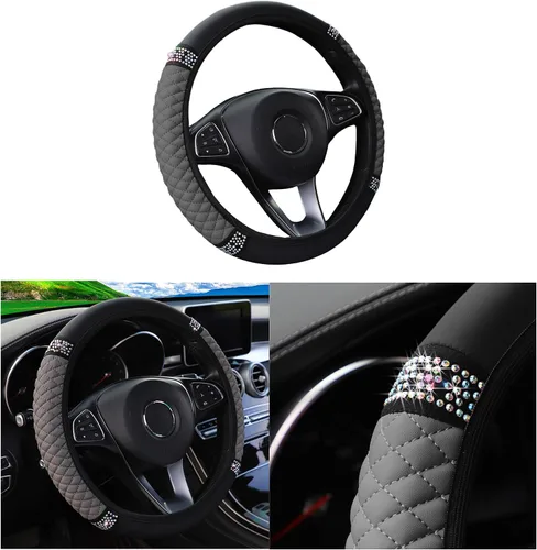 Miniatura 22 de Funda brillante para volante de automóvil, protector de cuero con diamantes de imitación de cristal para automóvil, accesorios de decoración