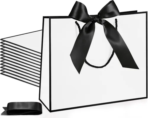 Silkfly 12 bolsas de regalo con asas para dama de honor, 12 x 10 x 4 pulgadas, elegantes bolsas de regalo de bienvenida de boda con lazo para Blanco