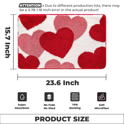 Miniatura 2 de Tapete de baño rojo súper absorbente, antideslizante y lavable a máquina, tapete grueso para baño (24 x 16 pulgadas, corazón rojo)