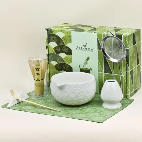 Miniatura 9 de Artcome Juego de té Matcha – Kit japonés Matcha con batidor de bambú, cuenco de boquilla para vertido, cuchara, tamiz, soporte y manual – brillos