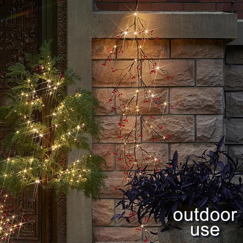 Miniatura 6 de Fudios - Guirnalda iluminada de bayas rojas con temporizador de 6 pies y 120 LED que funciona con pilas y USB, luces de guirnalda de Navidad