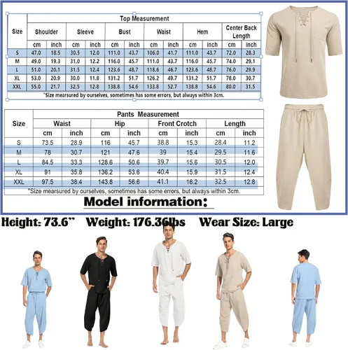 Miniatura 6 de Babioboa Conjunto de 2 piezas de lino para hombre, camisa hippie de manga corta y pantalones capri harén holgados para playa, pantalones de yoga