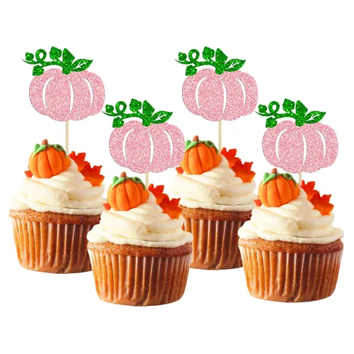 Miniatura 27 de Gyufise 24 piezas de decoración de cupcakes de calabaza con purpurina para temática de otoño, Acción de Gracias, Halloween, baby shower, niños