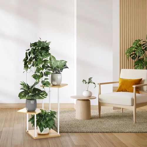 Miniatura 7 de Soporte para plantas de 4 niveles para interiores y exteriores, estante de esquina de metal de madera, múltiples estantes para macetas, estante