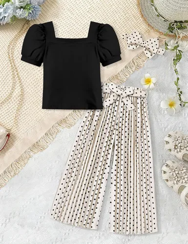 Miniatura 62 de DONWEN Conjunto de 3 piezas de ropa para niñas pequeñas y niñas con cuello cuadrado + pantalones elegantes + diadema para primavera y verano