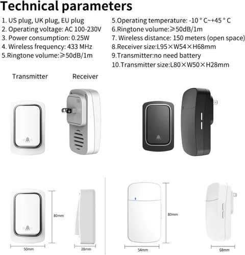 Miniatura 7 de Timbre inalámbrico autoalimentado para el hogar y la oficina, IP66 impermeable, kit de timbre enchufable sin necesidad de batería, alcance de 500