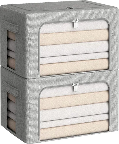 Miniatura 15 de CYhom Caja de almacenamiento de ropa, juego organizador plegable de tela de lino con ventana transparente, asas de transporte y marco de metal, 2