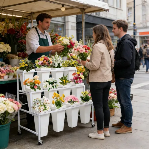 Miniatura 3 de Soporte de exhibición de flores de metal de 3 niveles, carrito móvil resistente para plantas de flores con 12 cubos y ruedas con bloqueo, estante