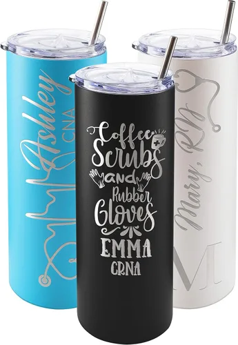 Miniatura 13 de Regalos de enfermera para mujeres, vaso personalizado para enfermera con nombre y especialidad, 20 onzas flacas, blanco, 8 diseños, con cepillo