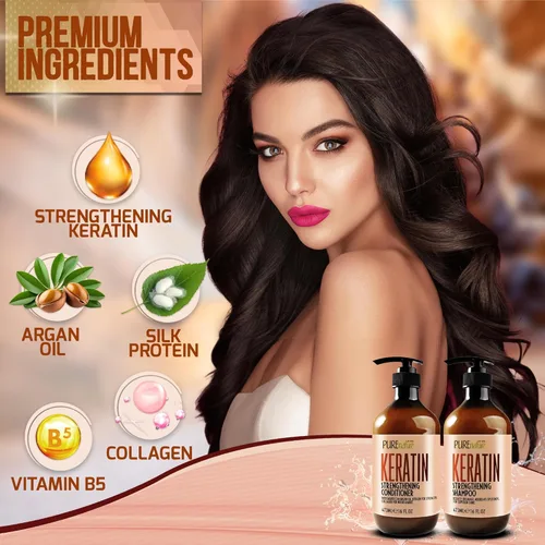 Miniatura 5 de Juego de champú y acondicionador de queratina, tratamiento sin sulfatos ni parabenos para cabello seco, fórmula enriquecida con colágeno
