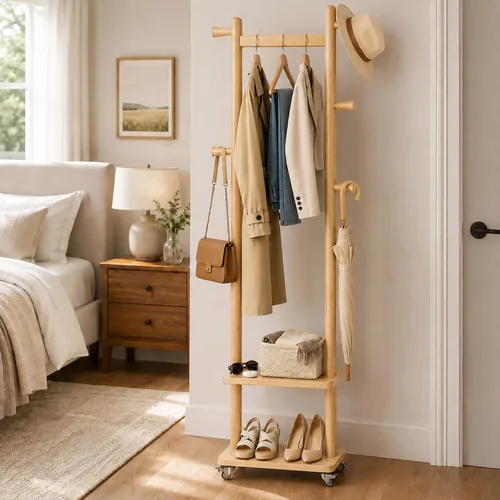 Estante de abrigos de madera maciza independiente con ruedas y 2 estantes de almacenamiento y 5 ganchos, estante de ropa resistente, árbol de Madera