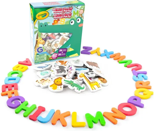 Crayola ABC - Juego de imanes a juego – Animal Party, 52 imanes de espuma de calidad colorida que incluyen 26 imágenes y 26 imanes del alfabeto