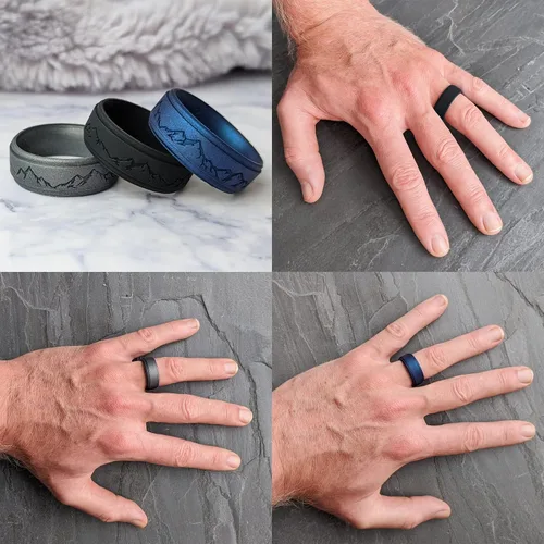 Miniatura 3 de Knot Theory Anillo de silicona para hombre, grabado de montaña, ondas, bosque, ancho de banda de 0.315 pulgadas, transpirable, ajuste cómodo