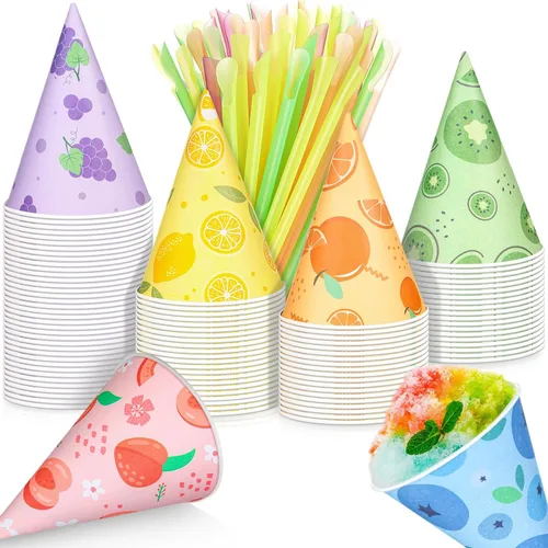 Miniatura 11 de Boao Juego de 100 tazas de cono de nieve de 4.5 onzas y pajitas de papel desechables, jarabe, lunares dorados, a prueba de fugas, suministros