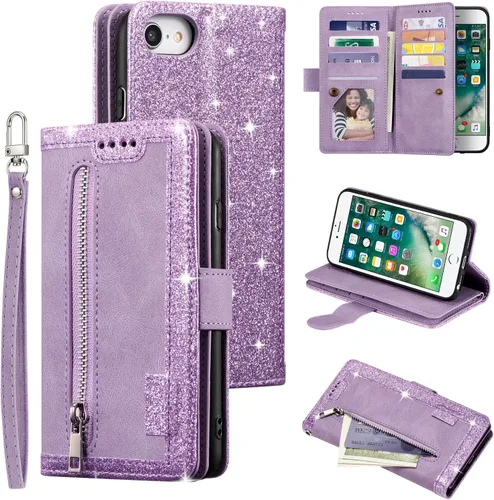 Miniatura 23 de UEEBAI Funda tipo cartera para iPhone SE 2022 5G/iPhone 7/iPhone 8/iPhone SE 2020, retro con 9 ranuras para tarjetas, bolsillo con cremallera, funda